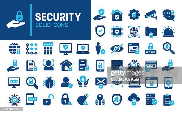 ilustraciones, imágenes clip art, dibujos animados e iconos de stock de iconos sólidos de glifo de seguridad. contiene protección, seguridad, defensa colección de iconos sólidos. ilustración vectorial. píxel perfecto sobre fondo blanco limpio - robo de identidad
