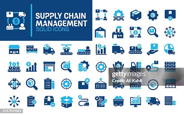 supply chain management glyph solid icons. containing product, factory, industry, manufacturing solid icons collection. vector illustration. perfect pixel on clean white background - operating procedures standardization stock illustrations