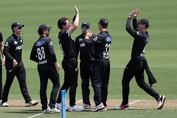 Matt Henry of New Zealand celebrates his wicket of Keacy Carty of the West Indies during the game three of the One Day International series between...