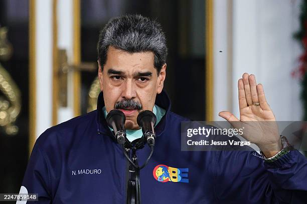 President of Venezuela Nicolás Maduro speaks during a march as part of the "Venezuelan Student Day" at Miraflores on November 21, 2025 in Caracas,...