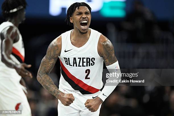 Caleb Love of the Portland Trail Blazers celebrates a three point basket in the fourth quarter during an NBA Cup game at Chase Center on November 21,...