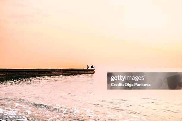 two people fishing on pier at sunset - vida sencilla fotografías e imágenes de stock