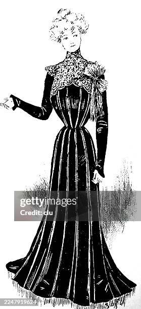 ilustraciones, imágenes clip art, dibujos animados e iconos de stock de retrato de cuerpo entero de una joven con un vestido victoriano oscuro — su suave cabello rizado y su postura abierta confieren a la silueta severa una gracia tranquila y acogedora, moldeada por el delicado trazo - 1890 1899