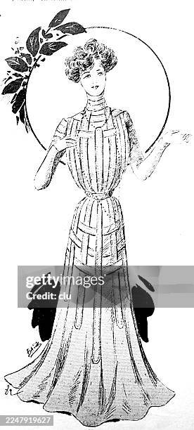 ilustraciones, imágenes clip art, dibujos animados e iconos de stock de retrato de cuerpo entero de una joven con un vestido victoriano geométrico — su suave cabello rizado y sus manos calmadas y levantadas crean una postura silenciosa enmarcada por el adorno circular detrás de ella - 1890 1899