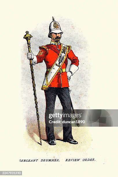 military history, british army, sergeant drummer in review order uniform, victorian 19th century - marching band drum major stock illustrations