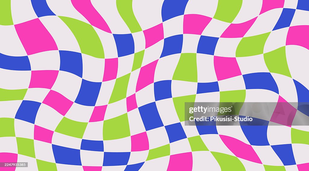 Colorful Wavy Checkerboard Pattern Abstract Background, Distorted Geometric Checkered Design in Bright Colors