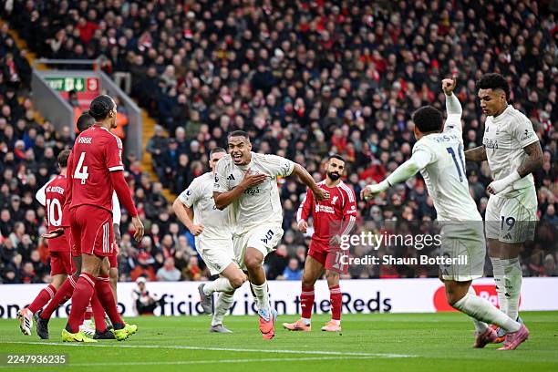 Murillo of Nottingham Forest celebrates scoring his team's first goal during the Premier League match between Liverpool and Nottingham Forest at...
