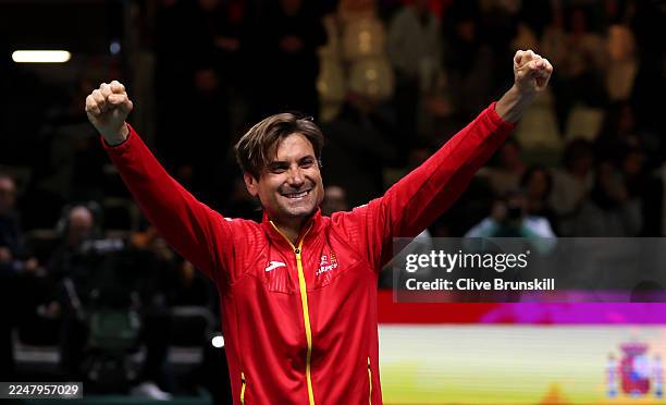 Captain David Ferrer of Spain celebrates after winning the Davis Cup Semi-Final match between Spain and Germany at BolognaFiere Exhibition Centre on...