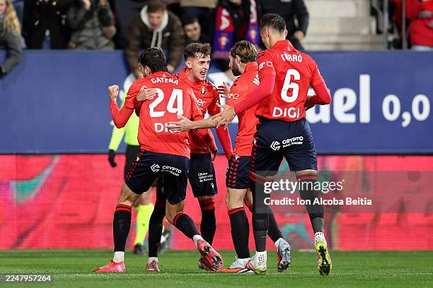 Alejandro Catena of CA Osasuna celebrates scoring his team's first goal with teammates during the LaLiga EA Sports match between CA Osasuna and Real...