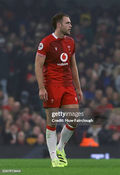 Max Llewellyn of Wales in action during the Quilter Nations Series 2025 rugby international match between Wales and New Zealand at Principality...