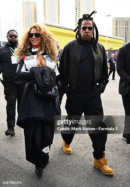 Jay-Z and Beyonce arrive in the Paddock prior to the F1 Grand Prix of Las Vegas at Las Vegas Strip Circuit on November 22, 2025 in Las Vegas, Nevada.