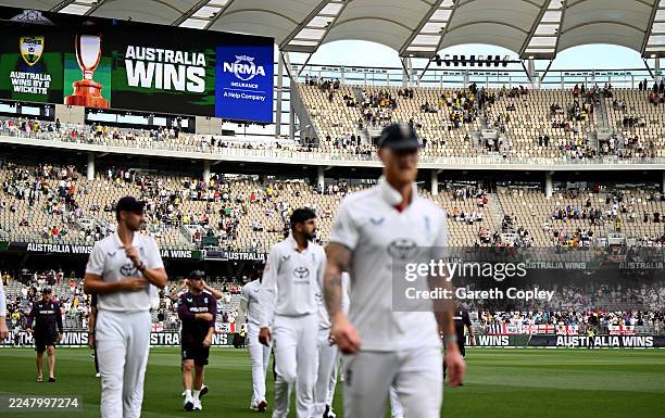 England captain Ben Stokes leaves the field after losing the First 2025/26 Ashes Series Test Match between Australia and England at Perth Stadium on...