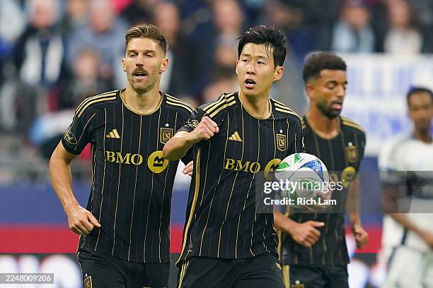 Son Heung-Min of Los Angeles FC celebrates scoring his team's first goal during the conference semifinal between Vancouver Whitecaps FC and Los...