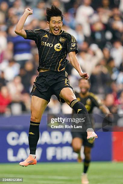 Son Heung-Min of Los Angeles FC celebrates scoring his team's second goal during the conference semifinal between Vancouver Whitecaps FC and Los...