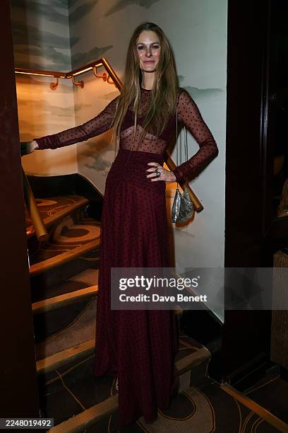 Hannah Teare attends a special cocktail hosted by Rebecca Vallance at Aki London on November 26, 2025 in London, England.