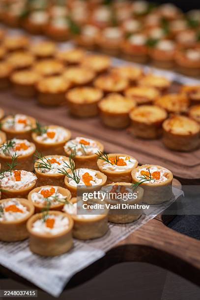 diferentes tipos de canapés de catering en buffet - industria alimentaria fotografías e imágenes de stock