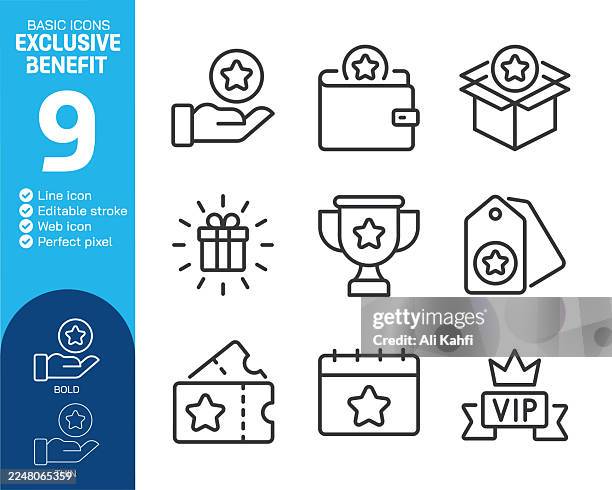 exclusive benefit thin line icons collection. editable stroke. vector illustration. basic icon for website design, logo, app, template, ui, infographic etc - token stock illustrations