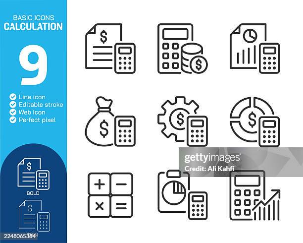 calculation thin line icons collection. editable stroke. vector illustration. basic icon for website design, logo, app, template, ui, infographic etc - cost control stock illustrations