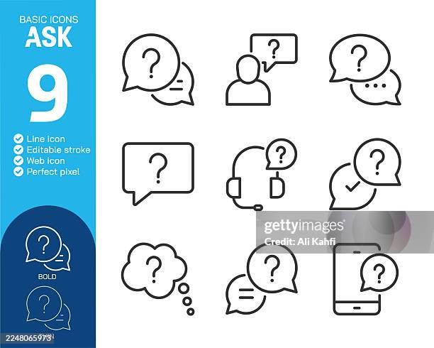 illustrazioni stock, clip art, cartoni animati e icone di tendenza di chiedi la collezione di icone di linee sottili. tratto modificabile. illustrazione vettoriale. icona base per il design del sito web, logo, app, template, interfaccia utente, infografica ecc - punto interrogativo