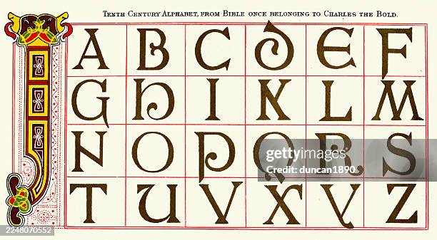 beispiel mittelalterlicher illuminierter handschrift, briefe, kunst, 10. jahrhundert, vintage-illustration - schriftsymbol stock-grafiken, -clipart, -cartoons und -symbole