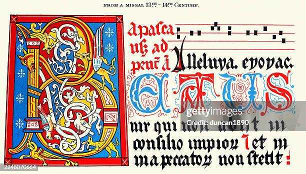 example of medieval illuminated manuscript, letters, art, missal, 13th or 14th century, vintage illustration - letter b stock illustrations