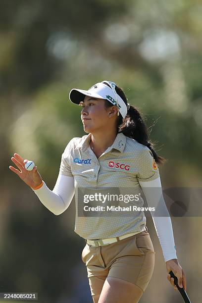 Jeeno Thitikul of Thailand reacts to her putt on the first green during the final round of the CME Group Tour Championship 2025 at Tiburon Golf Club...