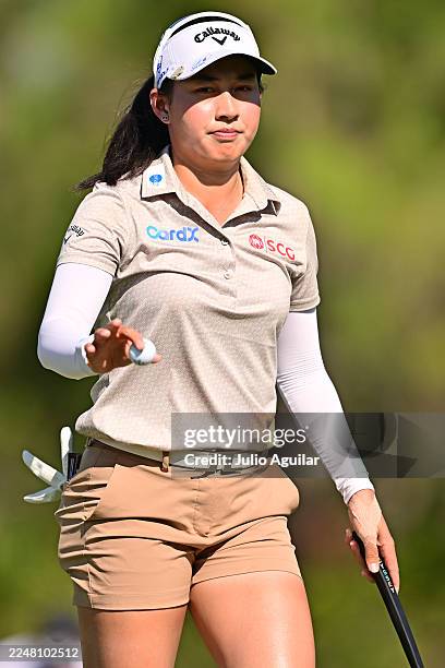 Jeeno Thitikul of Thailand reacts to her putt on the eighth green during the final round of the CME Group Tour Championship 2025 at Tiburon Golf Club...