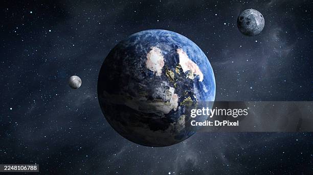 earthlike exoplanet with two moons in deep space - extrasolar planet stock pictures, royalty-free photos & images