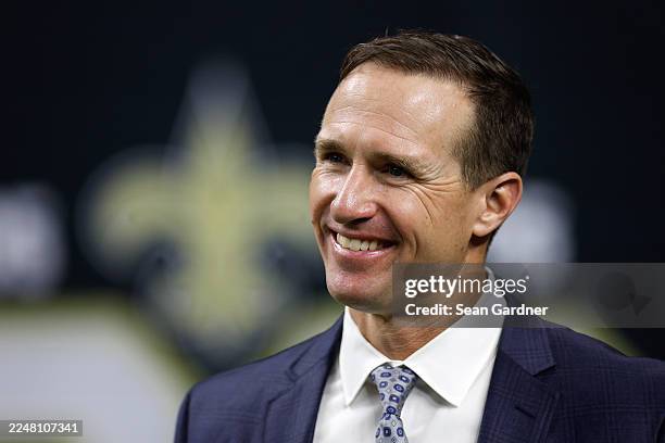 Former quarterback Drew Brees of the New Orleans Saints looks on prior to the game against the Atlanta Falcons at at Caesars Superdome on November...