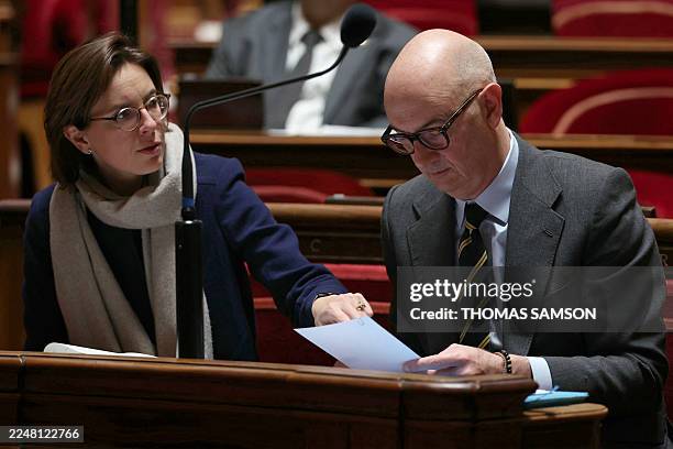 France's Public Accounts Minister Amelie de Montchalin and France's Economy and Finance Minister Roland Lescure are at work during the examination of...