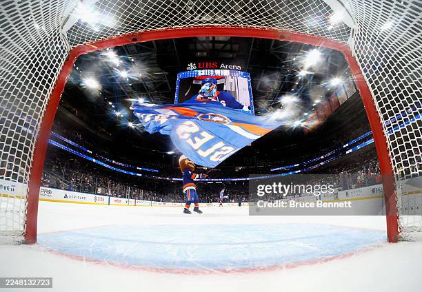 Nyisles celebrates the New York Islanders win against the Seattle Kraken at UBS Arena on November 23, 2025 in Elmont, New York. The Islanders...