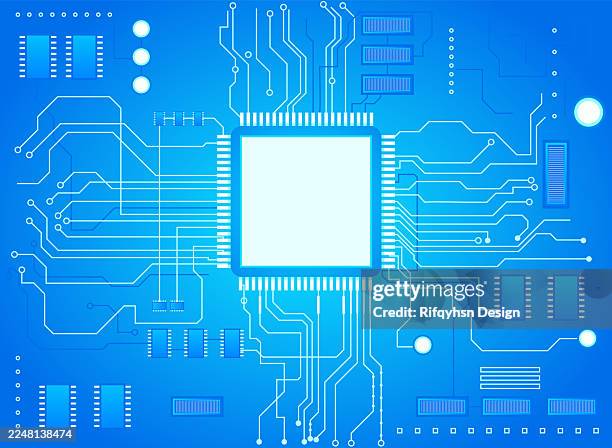 abstract circuit board technology connected blue lines with electronics elements computer motherboard chip processor semiconductor digital background. hi-tech digital technology concept - semiconductor stock illustrations