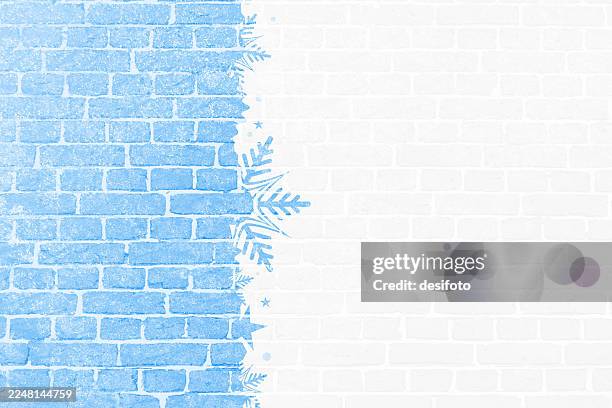 horizontal painted white brick wall soft pastel blue color bordered vector backgrounds with left edge border of starry snowflakes, cartoon festive scene or sparkling backdrop leaving ample copy space - whitewashed brick background stock illustrations