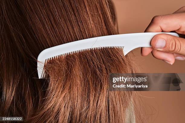 hand combing tangled brown hair during detangling process - exposto pelo vento imagens e fotografias de stock