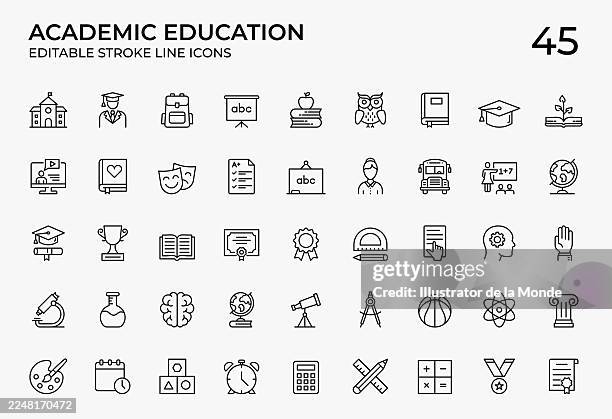 ilustraciones, imágenes clip art, dibujos animados e iconos de stock de iconos de la línea fina de la educación académica - edificio escolar
