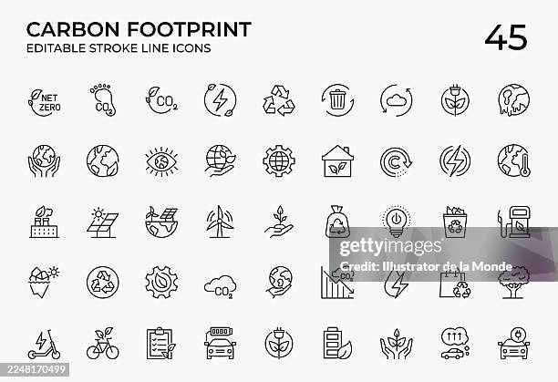 ilustrações de stock, clip art, desenhos animados e ícones de carbon footprint thin line icons - eficiência energética