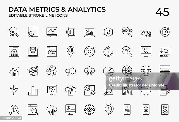 data metrics and analytics thin line icons - cloud security stock illustrations