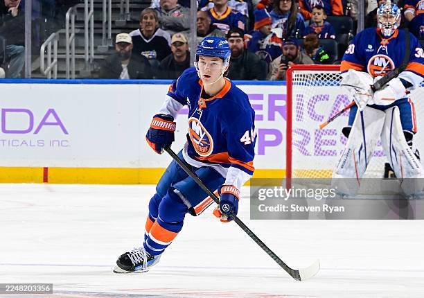 Matthew Schaefer of the New York Islanders skates against the St. Louis Blues during a game at UBS Arena on November 22, 2025 in Elmont, New York.