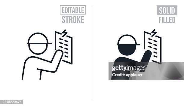 electrician working on electrical breaker box - editable stroke and solid icons - tradesman stock illustrations