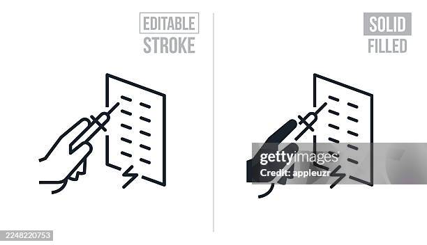 hand using a multimeter to test an electrical circuit in a break box - editable stroke and solid icons - circuit breaker stock illustrations