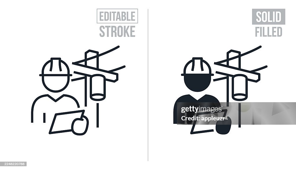 Utility Worker Inspecting Power Line - Editable Stroke And Solid Icons