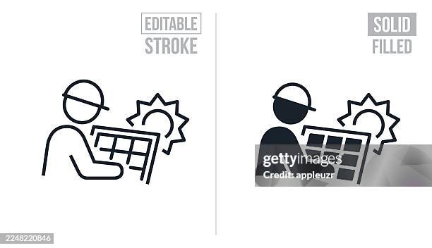 solar worker installing solar panels - editable stroke and solid icons - solar panel worker stock illustrations