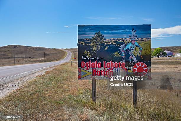 Red Shirt, South Dakota, A sign welcomes travelers to the Oglala Lakota Nation on the Pine Ridge Indian Reservation..