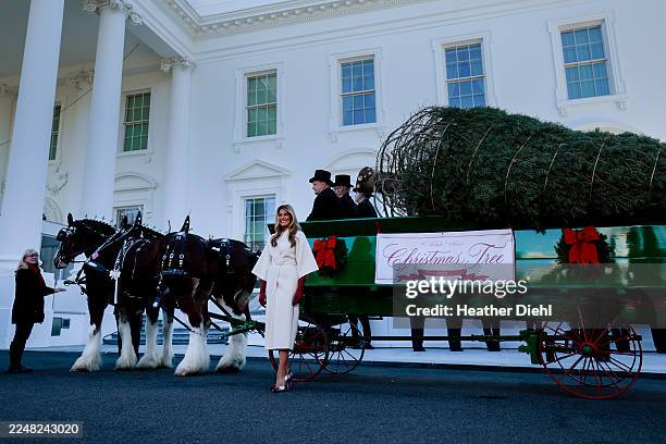 First lady Melania Trump welcomes the official 2025 White House Christmas Tree outside the North Portico of the White House on November 24, 2025 in...
