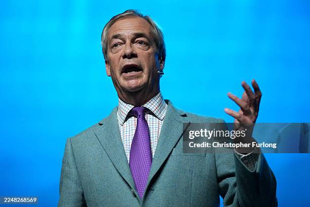Reform UK Leader Nigel Farage attends a rally at Venue Cymru, on November 24, 2025 in Llandudno, Wales. The rally comes days after Nathan Gill,...
