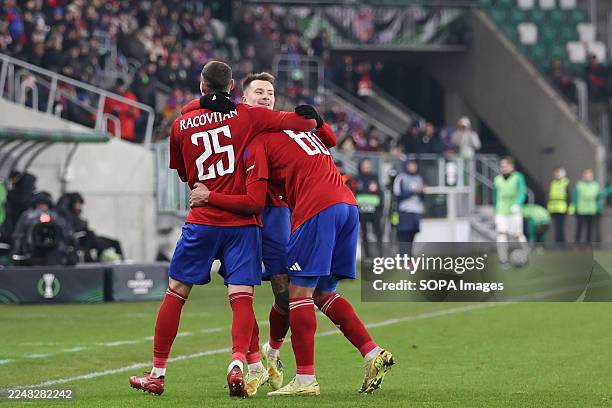Fran Tudor of Rakow Czestochowa celebrates after scoring a goal during the UEFA Conference League 2025/2026 match between Rakow Czestochowa and SK...