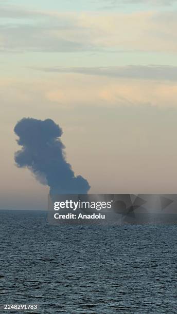 Smoke rises after a fire alert was received on board of the empty tanker KAIROS, 28 miles off the Turkish coast, en route to Russia's Novorossiysk...