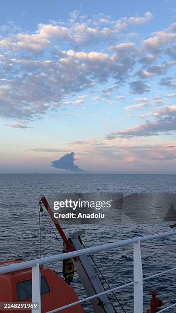Smoke rises after a fire alert was received on board of the empty tanker KAIROS, 28 miles off the Turkish coast, en route to Russia's Novorossiysk...