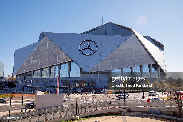 An exterior view of Mercedes-Benz Stadium prior to the game between the Georgia Tech Yellow Jackets and Georgia Bulldogs at Mercedes-Benz Stadium on...