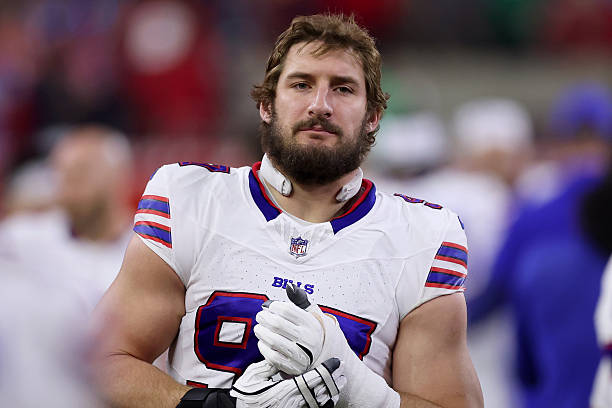 Joey Bosa of the Buffalo Bills stands on the sideline before the game against the Houston Texans at NRG Stadium on November 20, 2025 in Houston,...